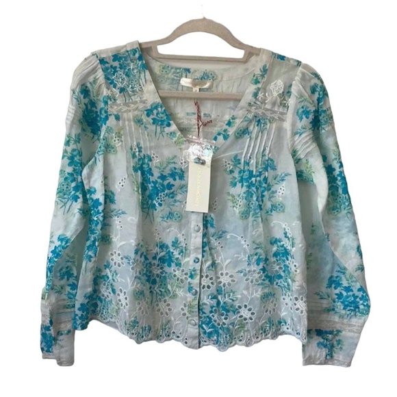 LoveShackFancy Mauro Blouse Button Down Floral Print Magic Turquoise XS - Picture 4 of 6